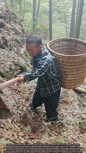 Careful Harvesting of Young Bamboo Shoots from Forest Soil