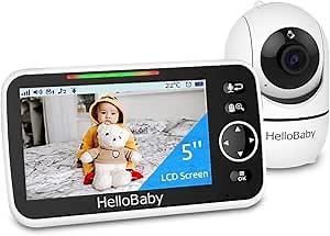 HelloBaby Monitor, 5''Display, Pan-Tilt-Zoom Video Baby Monitor with Camera and Audio, Night Vision, 2-Way Talk, 8 Lullabies and 1000ft Range Baby Monitor No WiFi for Elderly