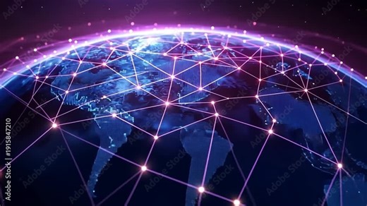 Digital global network with glowing lines and dots interconnected on earth map model for international communication technology concept.