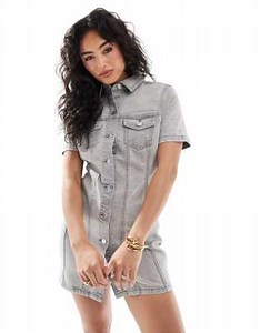 ASOS DESIGN denim fitted shirt dress in grey wash | ASOS