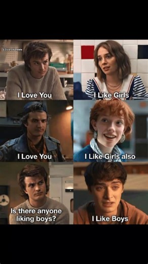 2oohotwheels on Instagram: "This meme shows a funny conversation between friends from a popular teen series. One character says “I love you,” while the other replies that she likes girls. Another friend repeats the same love confession with a calm expression. A cheerful red-haired girl responds that she also likes girls, keeping the mood light. Then the confused character wonders if anyone actually likes boys. Finally, a shy boy admits that he likes boys, creating an unexpected twist. The meme p