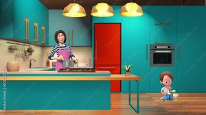 A woman cooking in kitchen. Mom cooking in kitchen while a kid playing with a toy. 3d animated character. cartoon character