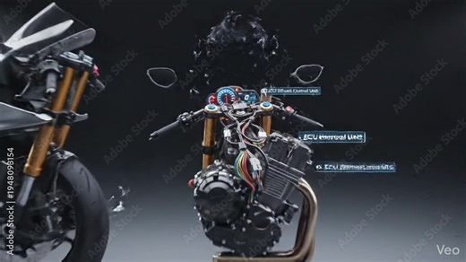 Exploded view of a motorcycle engine and front assembly, showcasing internal components and technology.