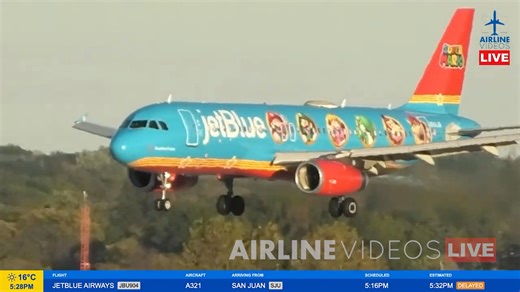 JetBlue’s Super Mario-themed Airbus A320 “Cloudtop Cruiser,” created in partnership with Nintendo, lands on Runway 31R at JFK — captured live during Thursday’s Airline Videos Live broadcast from the TWA Hotel in New York! #airlinevideos #airports #aviation #aviationgeek #avgeek #airlinevideoslive #jfkairport #supermariobros | AIRLINE VIDEOS