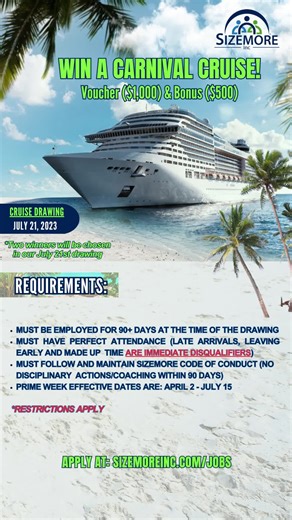 Want to win a Carnival Cruise? Come work for Sizemore! Take a look at the requirements below to know how YOU could win a @carnival Cruise Line voucher from Sizemore, Inc. To apply visit: www.sizemoreinc.com/jobs #sizemoreinc #sizemore #WereHiring #WinACruise #carnivalcruise #PuttingYouFirst