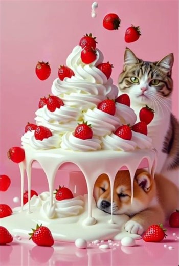 Grumpy Cat Watches Sleepy Pup Dreaming Beside Strawberry Cream Cake 🍓🐾