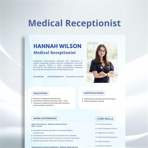 Medical Receptionist Resume Template | Healthcare Resume | ATS Friendly Editable CV - Etsy