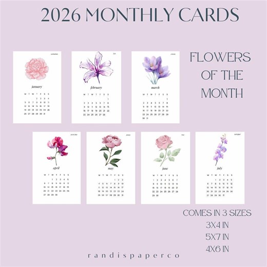 2026 PRINTABLE Monthly Calendar Cards | Flowers of the Month - Etsy