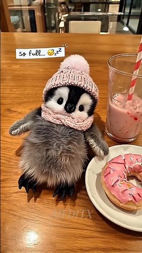 Cute Penguin with Donut and Pink Milkshake | Aesthetic Penguin Image#hearttouching #cuteanimals