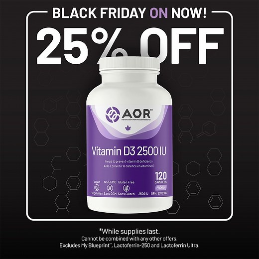 25% OFF Canadian-made supplements* 💥 Start off the week with BIG SAVINGS. Stock up for yourself or give the gift of health to loved ones! Sale ends Nov 30, 2025. Get ahead of your holiday shopping and SAVE now at aor.ca *While supplies last. Excludes MyBlueprint™ and Lactoferrin products. Cannot be combined with any other offers. | Advanced Orthomolecular Research