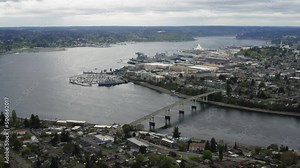 Bird's Eye View Of Manette Bridge And Bremerton Marina Near Puget Sound Naval Shipyard In Washington. - aerial