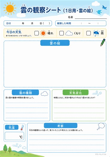 雲の観察シート｜雲の種類・天気を調べる自由研究 – 子供の習い事図鑑(すたぺんドリル)