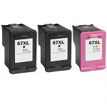 Replacement HP Printer Ink 67XL Cartridges Combo Pack of 3 - High Yield: 2 Black & 1 Tri-color