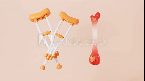 Cartoon crutches and human bone, crutches helps with the recovery from bone fractures and sprains, 3d rendering.