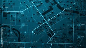 3D Rendering Top view City map with navigator line and destination GPS Technology transportation, Futuristic user interface, HUD Head-up display. Technology and futuristic concept