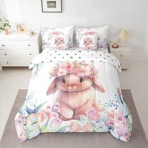 Feelyou Cute Rabbit Bedding Set Queen Size 7 Pieces Cartoon Bunny Animal Comforter Set Flower Floral Print Farm Zoo Garden Theme Bed in a Bag with Comforter, Sheets, Pillowcases & Cushion Cover