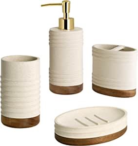 Allure Home Creation Marson 4-Piece Resin in Stone Finish with Natural Color Wooden Base Bath Accessory Set