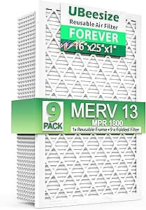 UBeesize Air Filter 16x25x1 (9-Pack), MERV 13 MPR 1800 AC/HVAC Furnace Filters,Deep Pleated Air Cleaner (Actual Size 15.75" x 24.5" x 0.75"),1x Reusable ABS Frame+9 x Inner Filter,Air Fresher