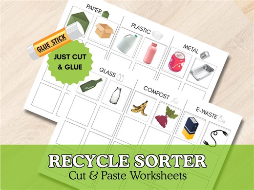 Recycling Sorting Activity Worksheets | Earth Day Cut & Paste Game (PDF Download) - Etsy