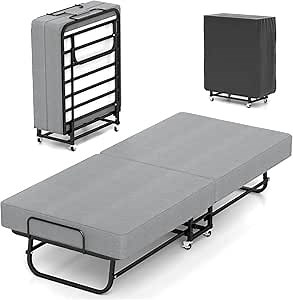 Fabulis Folding Bed with Mattress, Portable Foldable Bed for Adults, Roll Away Guest on Wheels, Memory Foam Mattress and Metal Frame, Space Saving Fold Up for Easy Storage, 75" x 31"
