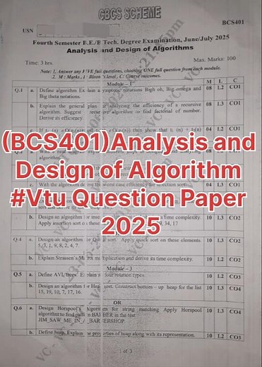 BCS401 Analysis and Design of Algorithm VTU Question Paper 2025 #vtu #2025exams #shorts #vtupapers