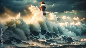 Lighthouse in stormy sea. 3d render and illustration, Lighthouse in the storm on the North Sea. 3d rendering, AI Generated