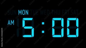 Loopable: Blue LED digital clock displays the current time at Monday in 12-hours AM/PM format updating 1 minute per frame. Animated digits on black background.