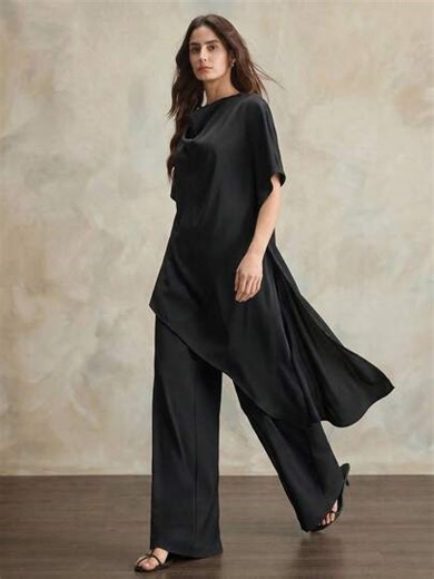 Ontre 2026SS New Arrival Spring/Summer Minimalist Chic Commuter Black Asymmetric Hem Top,Woven Fabric, Commute, Vacation, Beach, Graduation, Tea Party, Independence Day Tea Party, Elegant, Urban Chic,Wedding Guest Attire , Independence Day, Urban Chic, Minimalist Fashion,, Romantic Date, Comfortable Loose Fit, | SHEIN