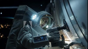 Female Space Technician Mending a Panel on an International Space Station with an Automatic Screw Gun. Fearless Astronaut Working in Outer Space with Gorgeous Blue Planet in the Background