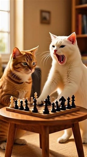 Epic Cat Chess Battle: Orange Tabby vs White Cat Chaos! 🐱♟️