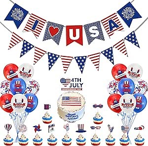 4th of July Decorations Patriotic Decorations USA Banner Cake Toppers Fourth of July Independence Veterans Labor Presidents Flag Memorial Day Red White and Blue Balloons Decorations