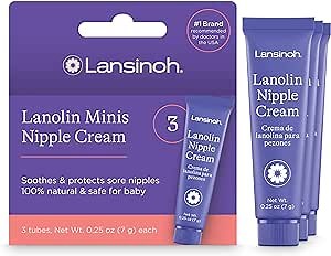 Lansinoh Lanolin Nipple Cream Safe for Breastfeeding Baby, 100% Natural Nipple Butter, Breastfeeding Essentials for Postpartum Moms, 3 Mini Tubes, Each 0.25 Ounces