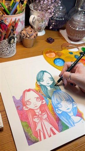 dibujando con lápices y acuarelas 🌺 una hoja multicolor llena de dibujos 🌺 un dibujo al día #arte