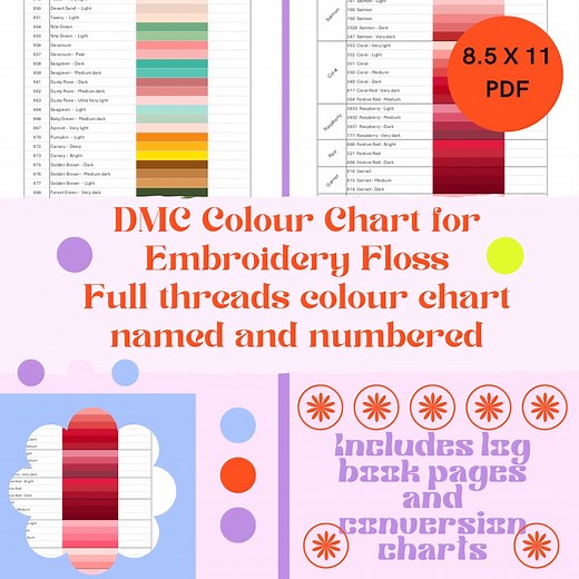 Two Full DMC Color Charts With Names and Numbers for Embroidery and Cross Stitch. Sorted by Colour Family and DMC Number and Much More... - Etsy