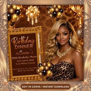 Glam Leopard Print Birthday Invitation | Editable Canva Evite for Dinner Party. - Etsy