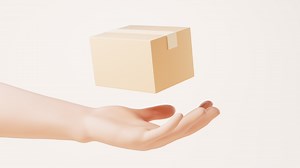 Loop animation of a cardboard box in a hand, 3d rendering.