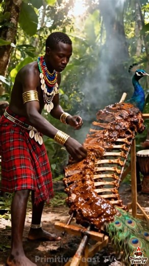 Tribal Man Roasts WHOLE Peacock Rib Over Open Fire – Epic Primitive Feast 🍖🔥 #Shorts