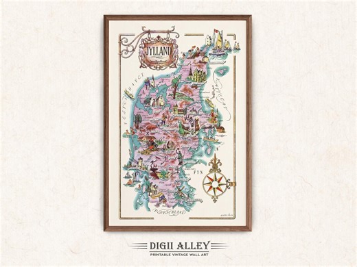 Fun Map of Denmark - Jutland – Digital Download PRINTABLE Vintage Pictorial Old Illustration Scandinavia Wall Art Gift Travel Adventure Map - Etsy
