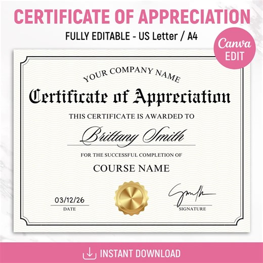 Certificate of Appreciation Template, Certificate Template, Editable Appreciation Certificate, Certificate With Gold Seal, Canva Editable - Etsy
