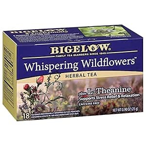 Bigelow Whispering Wildflowers Herbal Tea Plus L-Theanine, Supports Stress Relief & Relaxation, Caffeine-Free, Kosher, Gluten Free & Non-GMO, 18 Tea Bags, 0.9 Ounce (Pack of 6)