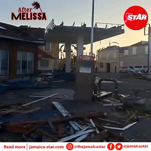 #AfterMelissa: Scenes from Falmouth, Trelawny, where businesses along Market Street and Water Square — including the courthouse and a gas station — were destroyed by Category 5 Hurricane Melissa. Debris, twisted zinc, and downed poles now line the streets. | The Jamaica Star