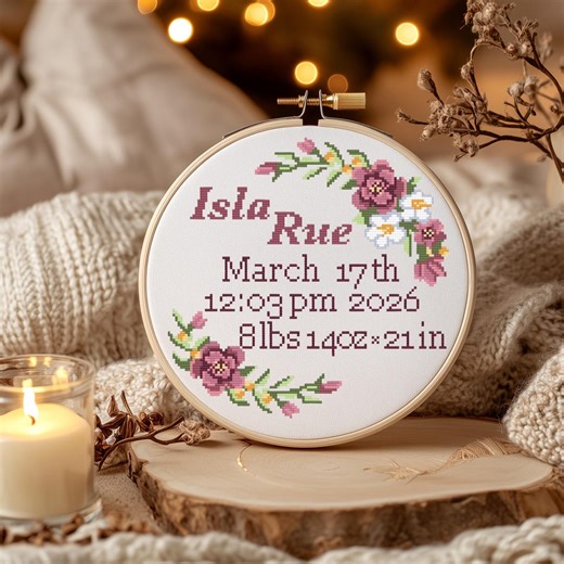 Birth Announcement Design, Personalized, Girl Flowers, Birth Stats, Customized, Birth Template, Newborn, Cross Stitch Pattern, 3 Size PDF - Etsy