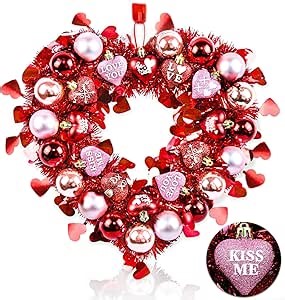 Wreaths for Front Door, 12.6 Inch Mother's Day Decorations - Heart Shaped Wreaths with Glitter Pink Red Heart Balls, Gifts for Girlfriend, Wedding