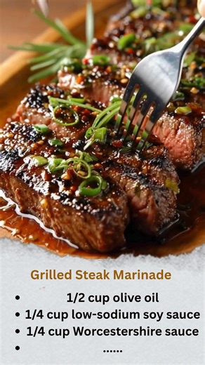 Classic grilled steak marinade This recipe is a robust, all-purpose marinade that adds a rich, savory depth to most cuts of beef. Ingredients: 1/2 cup olive oil 1/4 cup low-sodium soy sauce 1/4 cup Worcestershire sauce 2 tablespoons balsamic vinegar 3–4 cloves garlic, minced 1 teaspoon black pepper 1 teaspoon onion powder Instructions: Whisk all ingredients together in a bowl until fully combined. Place your steak in a large resealable bag or a dish. Pour the marinade over the meat, ensuring all