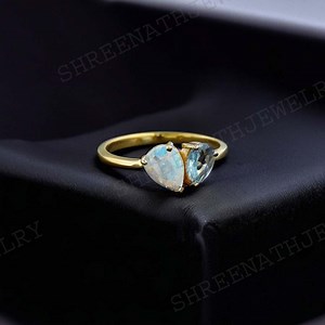 14K Solid Gold Pear Cut Opal and Aquamarine Engagement Ring, Toi Et Moi Promise Ring, Mother's Day Gift, Engraved Anniversary Gift for Her - Etsy