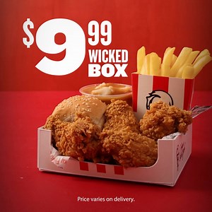Up your lunch with the Wicked Box! For $9.99, ya get Wicked Wings, reg Chips, Potato & Gravy, and a Bread Roll. WICKED! Here for a good time, not a long time. Price varies on delivery. | KFC