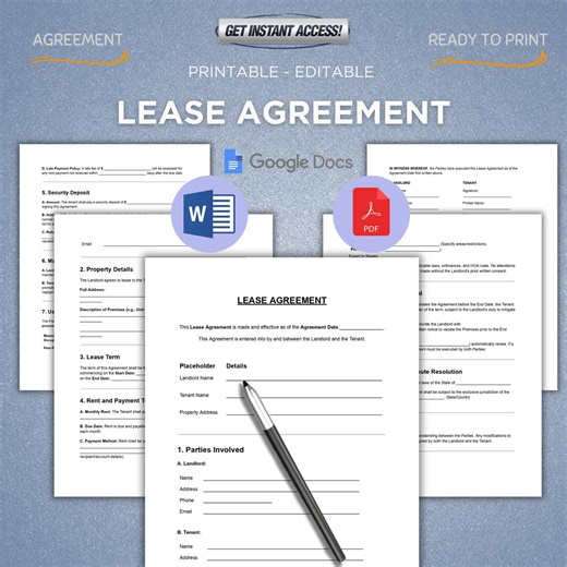 Lease Agreement Contract Template | Rental Agreement Form | Editable PDF, MS Word & Google Docs - Etsy
