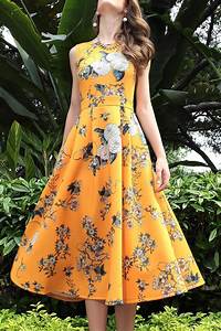 Differentes Yellow Floral Tea Length Dress Midi Dresses At Dezzal