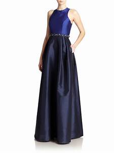 Ml Lhuillier Two Toned Cross Back Beaded Gown In Blue Lyst