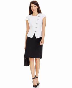 Tahari Asymmetrical Colorblocked Skirt Suit In Black White